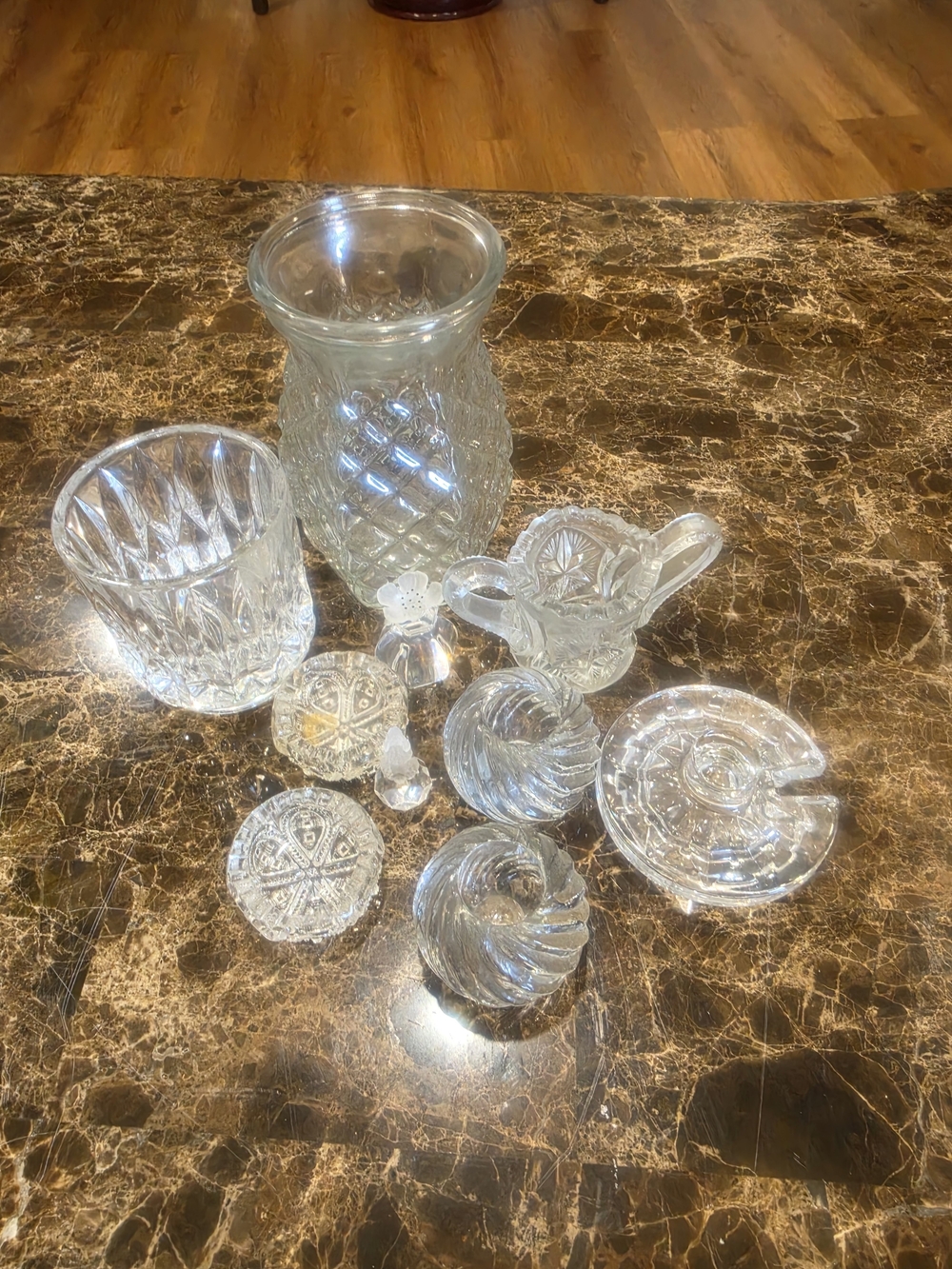 Source Unknown Clear Cut Glass Vase and Assorted Decorative Trinkets